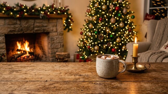 Hot cocoa mug and candle on rustic wooden table with christmas tree and fireplace background