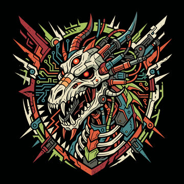 A fierce cybernetic dragon head illustration with intricate details