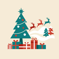 Minimalist Christmas tree with gifts and flying reindeer © menhan