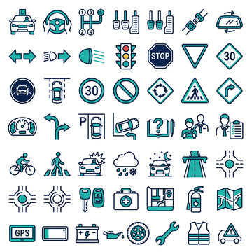 Collection of driving school and traffic rules vector icons