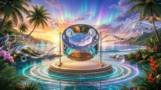 Steel drum on a platform in tropical water with aurora borealis and music notes musical instrument sound