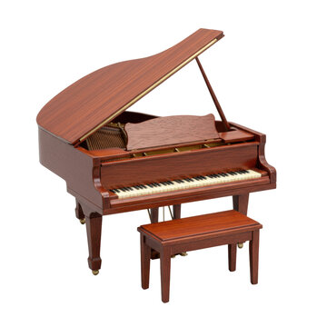 a flawless miniature polished ebony grand piano model with an open lid and bench, isolated on a seamless gray studio background, presenting craftsmanship and luxury product presentation
