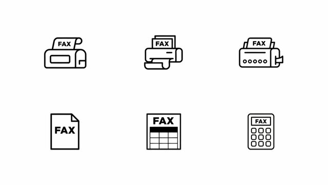 Fax machine icons in black line style representing communication technology on a white background faxing facsimile office equipment