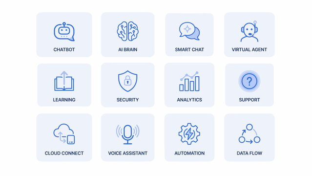 Collection Of Twelve Blue Flat Icons Representing Digital Communication And Data Technology Concepts icon artificial intelligence chatbot virtual
