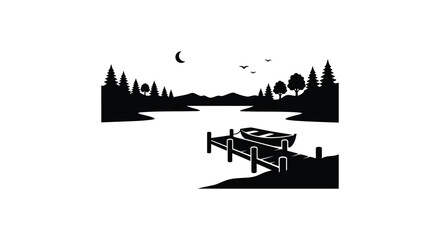 Naklejka premium Lake Scene With Boat And Forest Silhouette On White Background
