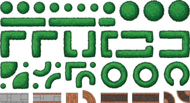 Top down garden hedge and path elements set for landscape design and map building vector illustration