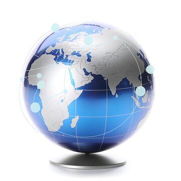 Glass globe with miniature world map and airplane inside.