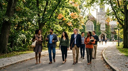 Obraz premium Diverse group of adult students walking on university campus path
