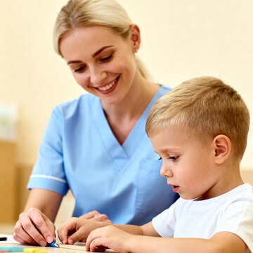 Female child therapist with kid boy