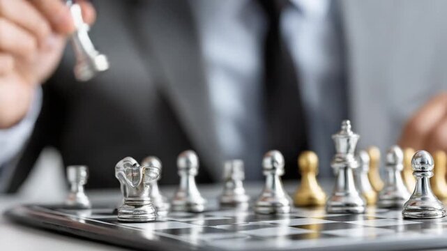 Strategic Move: A businessman in a suit makes a decisive move with a white chess piece, contemplating his next strategy on a golden and silver chessboard.