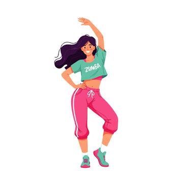Energetic woman dancing Zumba in colorful sportswear, flat vector illustration isolated on white background