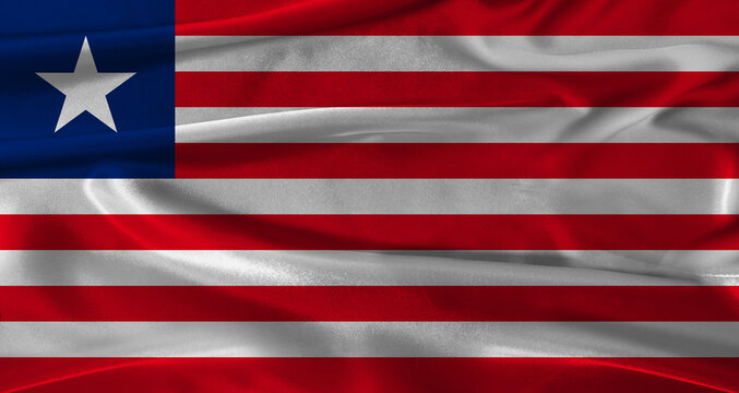 Flag of Liberia with fabric textured background. Close up of National flag of Liberia with realistic texture