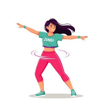 Woman dancing Zumba in colorful sportswear, flat vector illustration for fitness and lifestyle concepts