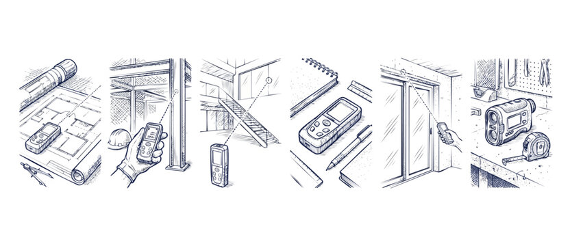 Laser distance measure meter sketch illustration showing electronic rangefinder tool set in construction, architectural planning, and interior design contexts, detailed line art drawing concept.