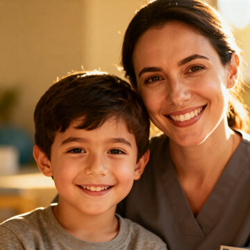 Female child therapist with kid boy