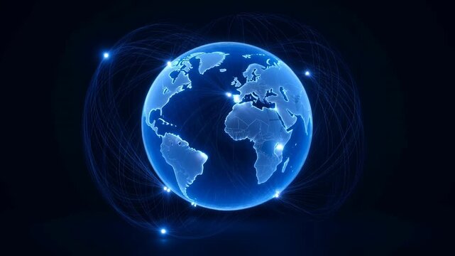 Abstract digital globe with glowing connection lines and points representing global communication and technology network.