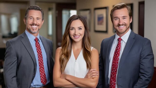 Professional Legal Team: Three confident lawyers in smart business attire stand together, representing a law firm with expertise and professionalism.