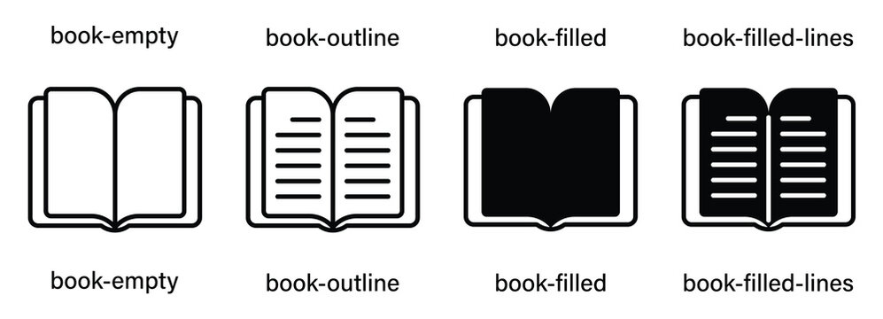 Black 4 book icon set representing reading with solid and outline variations. can be used for library, reading app, knowledge and online course etc. vector illustration.