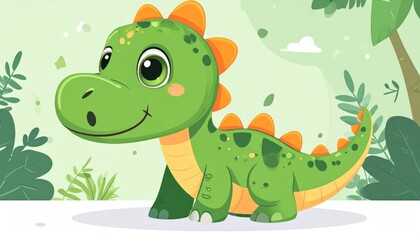Naklejka premium Green cartoon dinosaur in tropical jungle.
