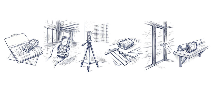 Laser distance measure sketch illustrations of digital electronic rangefinder tool set for architectural construction site planning and interior design blueprint project sketches on white background.