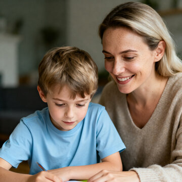 Female child therapist with kid boy