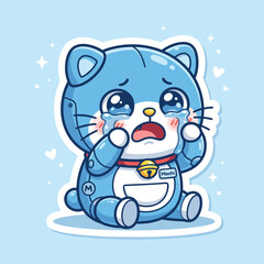Fototapeta premium Cute Blue Robot Cat Crying Sad Tears Cartoon.