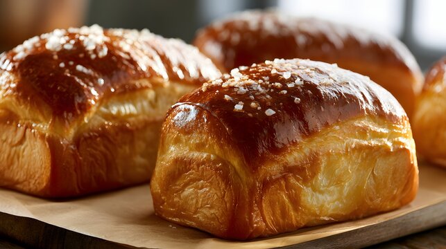 Freshly baked Japanese shio pan salt bread on baking paper.