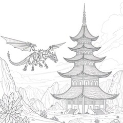Naklejka premium Detailed black-and-white line drawing of a dragon near a traditional pagoda, mountains, and flora