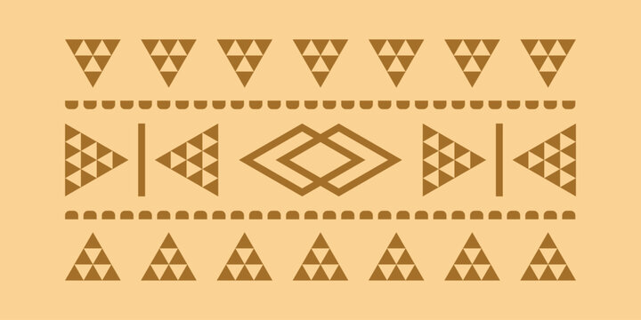 Minimalist geometric tribal border pattern inspired by traditional ethnic textile motifs with symmetrical decorative elements on warm beige background vector illustration