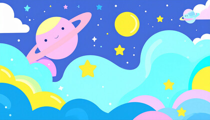Naklejka premium パステルカラーのポップでかわいい宇宙と雲のファンタジーイラスト背景