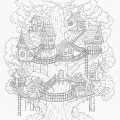 Fototapeta premium Intricately detailed treehouse village in a large tree with multiple connected cabins