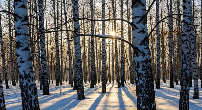 Bright winter sun shining through bare birch tree branches