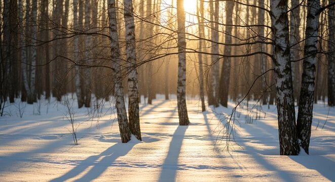 Bright winter sun shining through bare birch tree branches