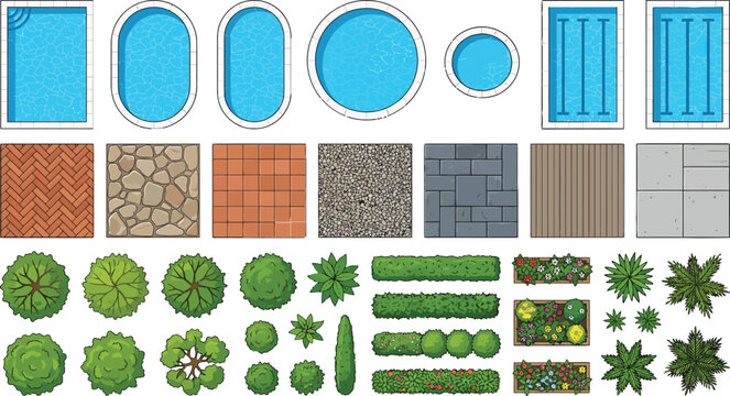 Top view landscape design elements set with swimming pools paving textures and garden plants vector illustration