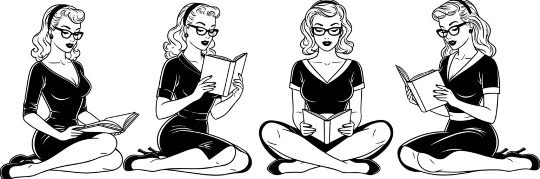 Set, of, vintage, pinup, girls, with, glasses, reading, books, sitting, on, floor, in, various, poses, retro, line, art, illustration, vector.
