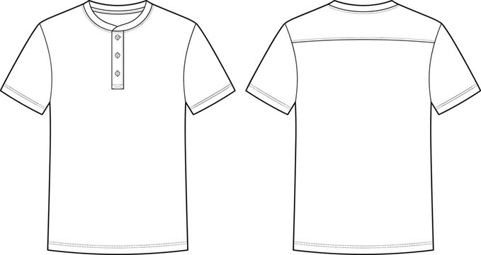 Men short sleeve henley t shirt fashion technical sketch template vector illustration front and back views.
