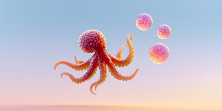 A vibrant 3D orange octopus juggles three glowing pink-purple spheres etched with abstract icons against a smooth pastel gradient sky, representing multitasking, creativity, and dynamic business