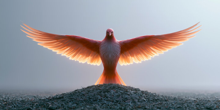 A radiant 3D orange phoenix spreads its glowing wings wide above a pile of shredded grey documents, embodying resilience, rebirth, transformation, and the power of rising from failure