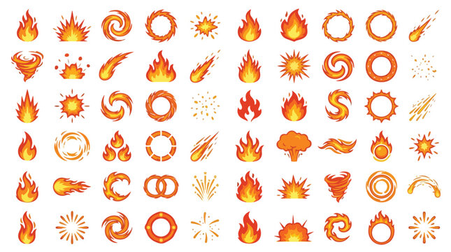 Cartoon fire and flame icons set, 60 orange fire effect vector elements, burning bonfire and fireball sparks for game design and interface