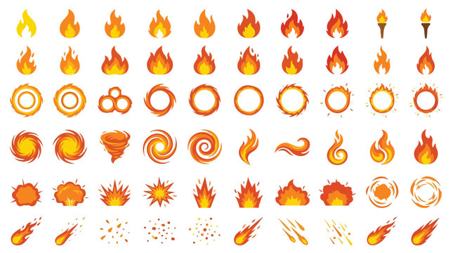 Flat fire icons and flame symbols set, 50 orange and red heat elements, cartoon bonfire sparks and explosion vector graphics for game design