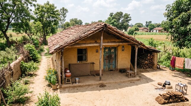 Traditional rural indian mud house with clay tiled roof, blue wooden door, charpai cot, firewood, and cow dung cakes in a village setting
