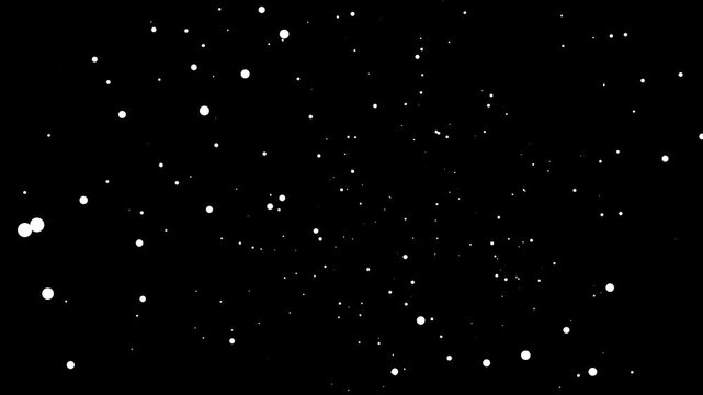 Floating white particles drift slowly across a deep black background in this mesmerizing digital motion animation that creates a elegant atmosphere for various creative multimedia projects.