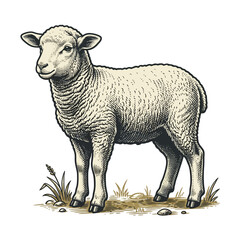 Vintage engraving illustration of a young lamb standing on grass © muty