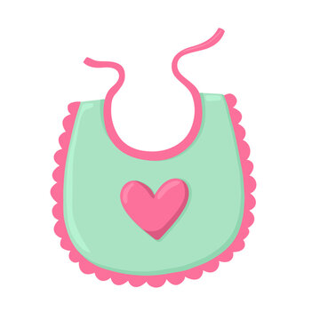 A pastel mint bib with pink heart and trim is shown.