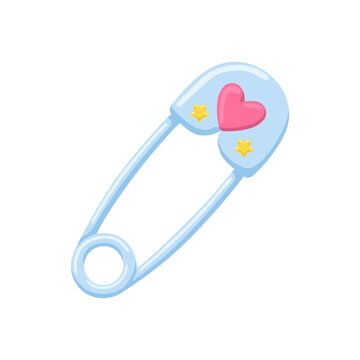 Cute blue baby safety pin with a pink heart and yellow stars vector illustration