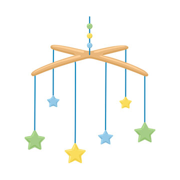 Cute baby wooden crib mobile with colorful stars vector illustration