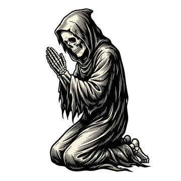 A grim reaper skeleton in a hooded robe kneels in prayer