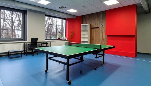 Green ping pong table in vibrant office game room.