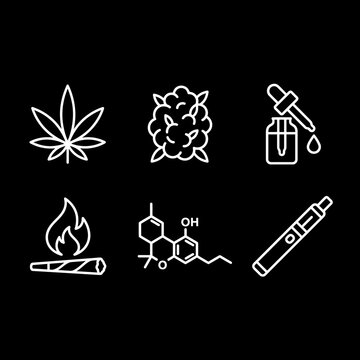 A set of white line icons for cannabis and hemp products