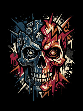 A vibrant split skull illustration with mechanical and fiery elements